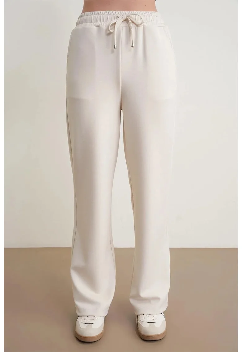 Pantaloni dama,  talie inalta, croiala dreapta, alb, poliester