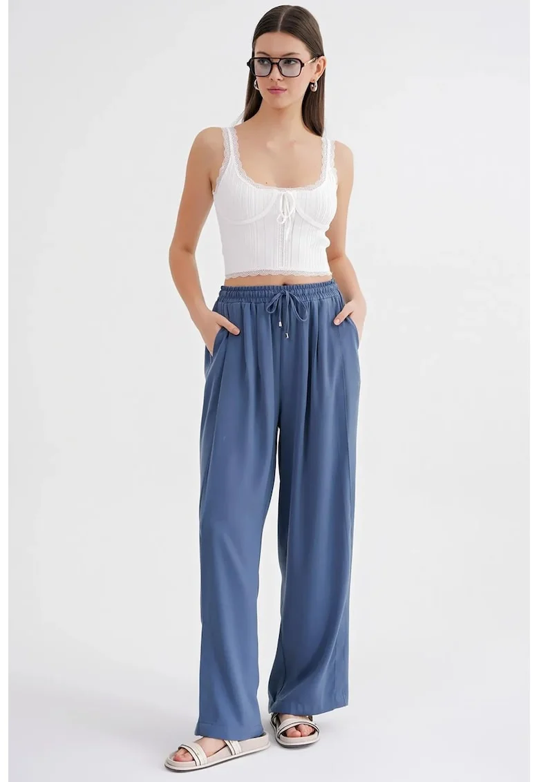 Pantaloni dama,  evazati, albastru, poliester