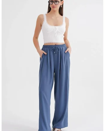 Pantaloni dama,  evazati, albastru, poliester
