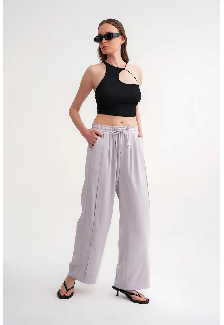 Pantaloni dama,  picior larg, talie elastica, gri, poliester
