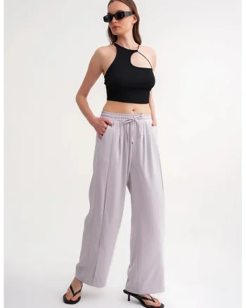 Pantaloni dama,  picior larg, talie elastica, gri, poliester