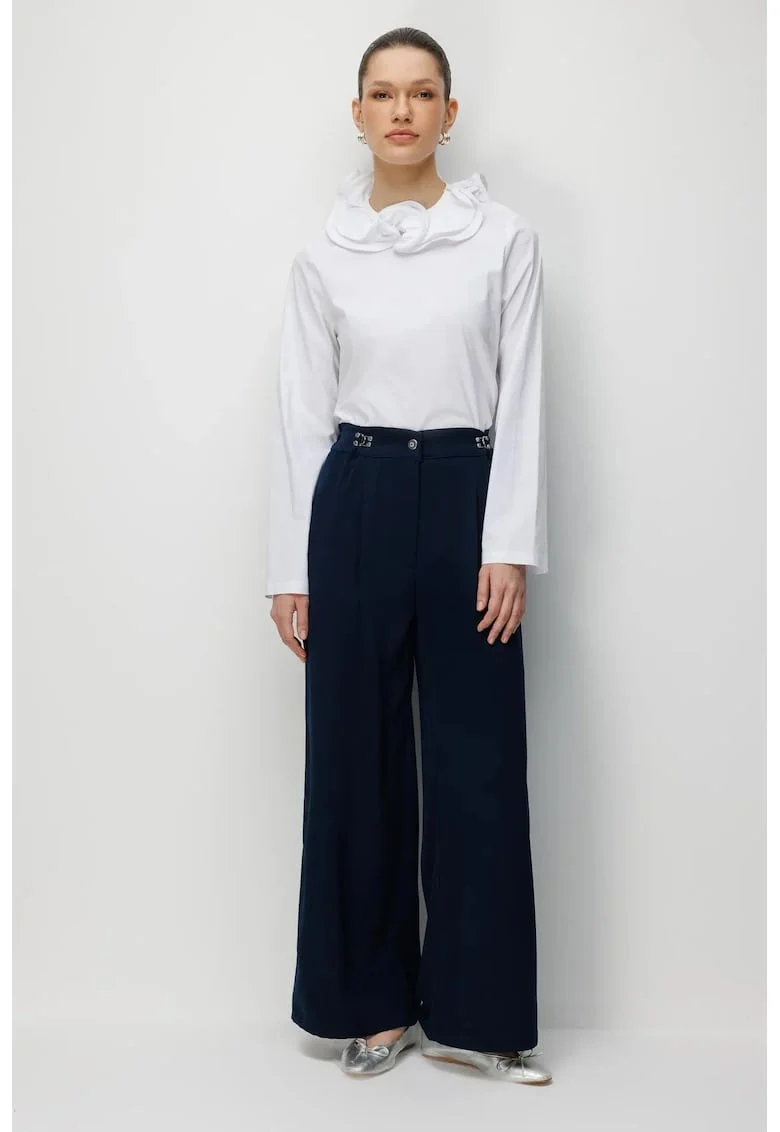 Pantaloni dama,  talie inalta, croiala larga, bleumarin, poliester,