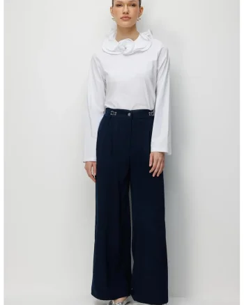 Pantaloni dama,  talie inalta, croiala larga, bleumarin, poliester,
