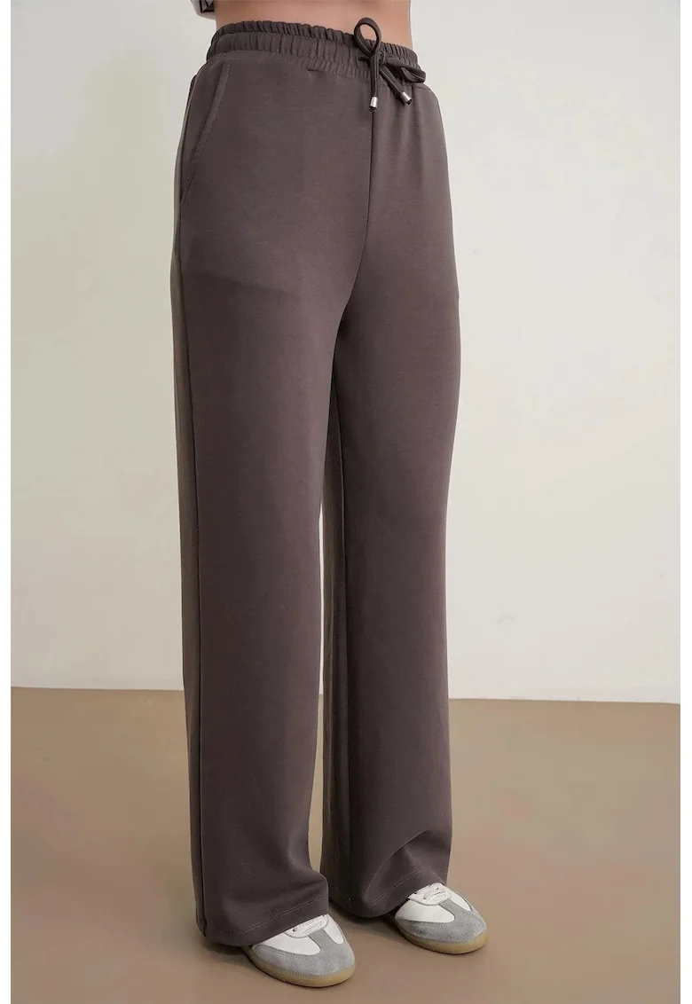 Pantaloni dama,  drepti, talie inalta, maro, poliester