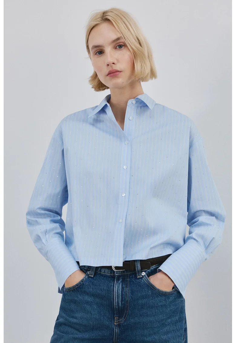 Camasa cu model in dungi si aplicatii cu paiete, Alb/Albastru pastel