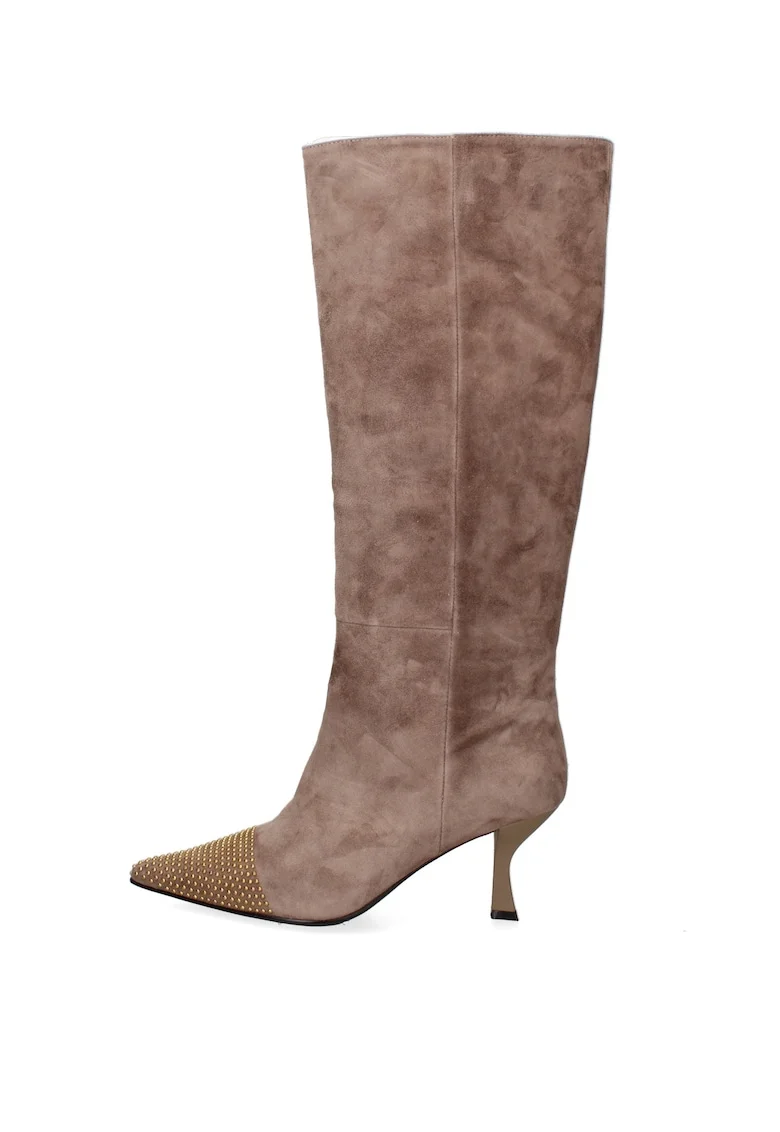 Cizme inalte pana la genunchi din piele cu strasuri Oriana Chic, Maro taupe deschis