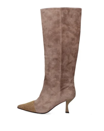 Cizme inalte pana la genunchi din piele cu strasuri Oriana Chic, Maro taupe deschis