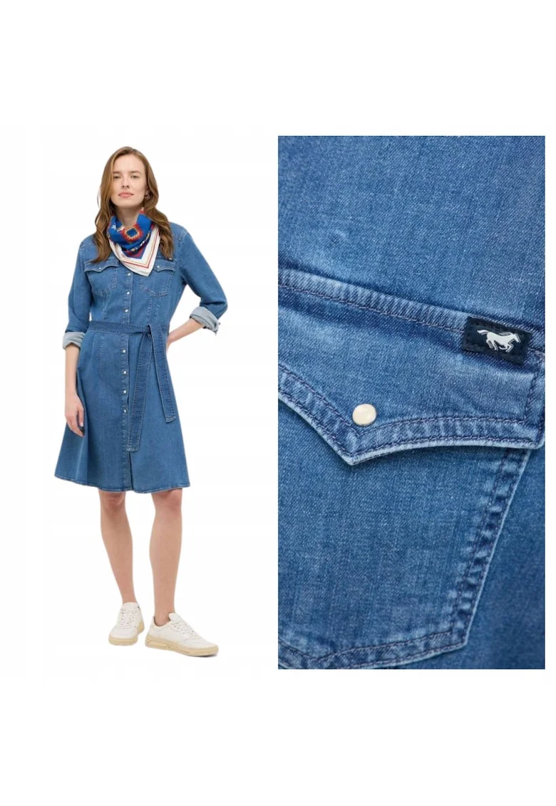 Rochie Dama,  Style Elisa Denim Dress, Regular Fit, Cu Guler, Maneci Lungi, Denim Accent, Nasturi, Bumbac, Albastru, Albastru