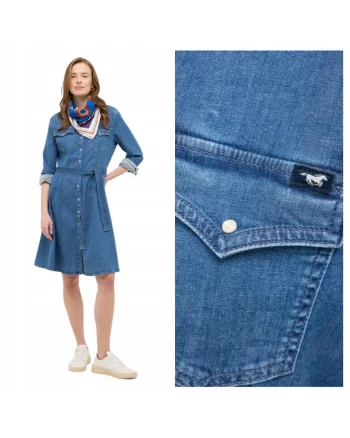 Rochie Dama,  Style Elisa Denim Dress, Regular Fit, Cu Guler, Maneci Lungi, Denim Accent, Nasturi, Bumbac, Albastru, Albastru
