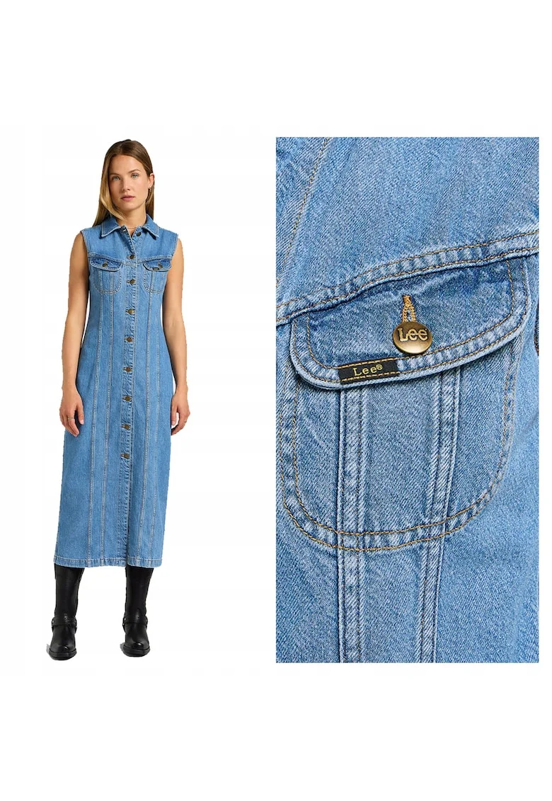 Rochie Dama,  Long Slim Dress, Regular Fit, Cu Guler, Fara Maneci, Denim Accent, Nasturi, Bumbac, S INTL, Albastru