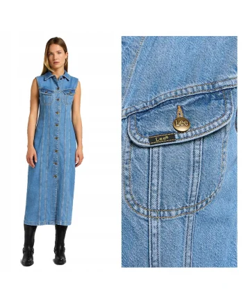Rochie Dama,  Long Slim Dress, Regular Fit, Cu Guler, Fara Maneci, Denim Accent, Nasturi, Bumbac, S INTL, Albastru