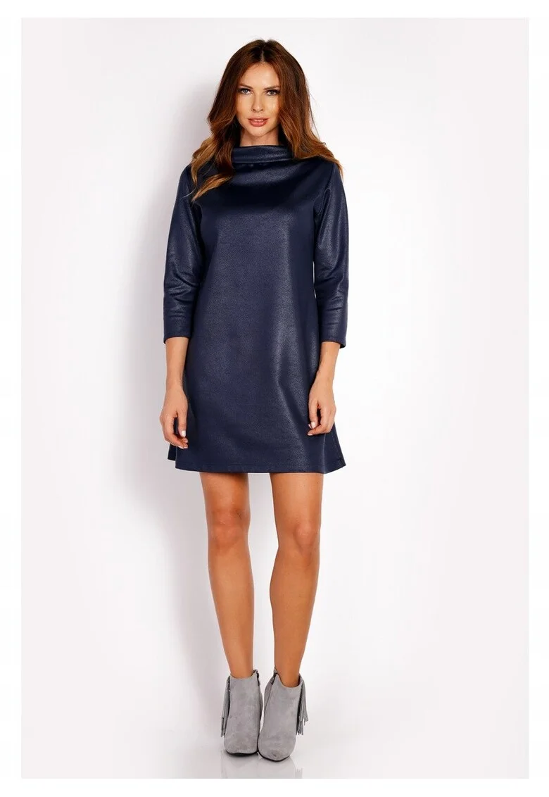 Rochie Dama,  L006, Trapez Mini, Decolteu Tip Cascada, Maneci 3/4, Usor Evazata, Tesatura Confortabila cu Vascoza si Elastan, Eleganta, Ideala Intalniri, Gri, Albastru inchis