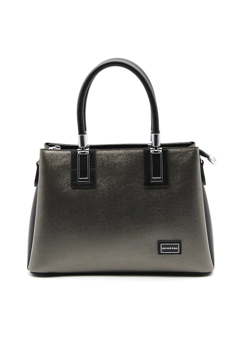 Geanta tote de piele ecologica cu aspect metalizat, Negru/Gri inchis
