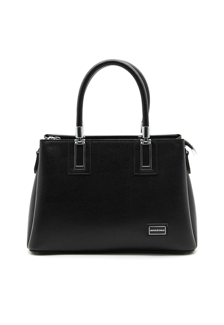 Geanta tote de piele ecologica cu logo metalic, Negru