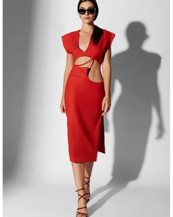 Rochie din amestec de in cu decupaje Rubi, Rosu