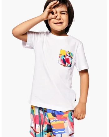 Tricou de bumbac cu aplicatie contrastanta pe piept, Alb optic