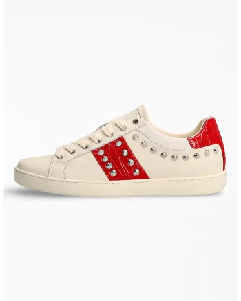 Pantofi sport de piele ecologica cu aplicatii de tinte, Rosu/Alb murdar