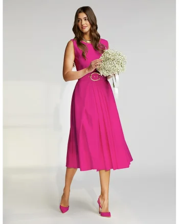Rochie midi cu croiala in A si curea Vienna, Fucsia