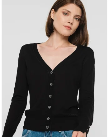 Cardigan tricotat fin cu decolteu in V, Negru