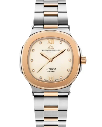 Ceas decorat cu 10 diamante, Auriu rose/Argintiu