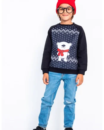Pulover cu decolteu la baza gatului, maneci raglan si tematica de Craciun, Rosu/Alb/Bleumarin
