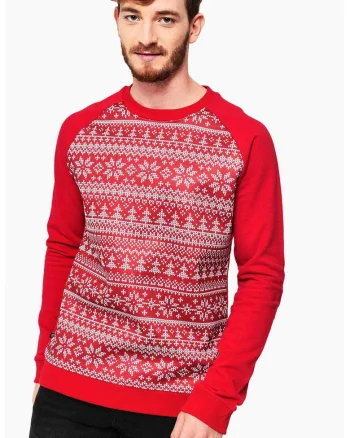 Pulover cu maneci raglan si tematica de Craciun, Rosu/Alb