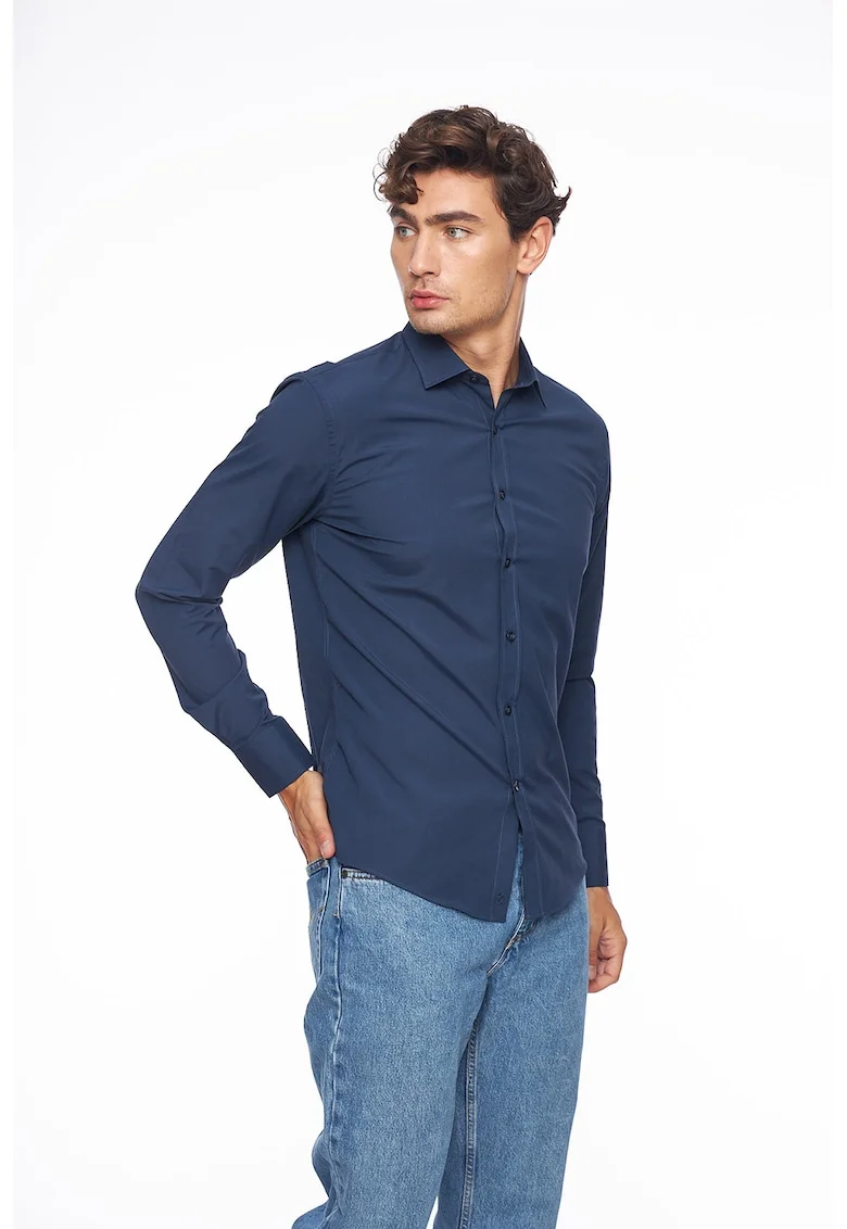 Camasa slim fit din amestec de bumbac, Albastru inchis