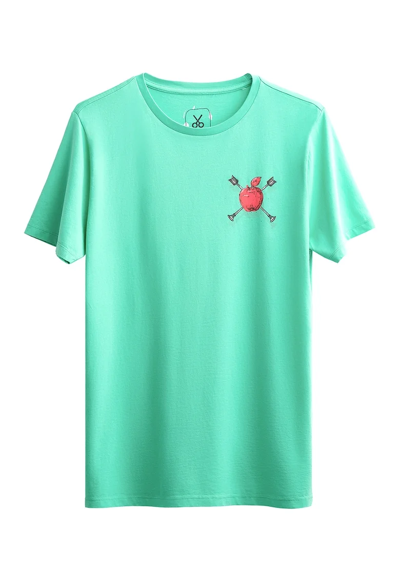 Tricou unisex cu decolteu la baza gatului si imprimeu grafic Apple, Albastru aquamarin