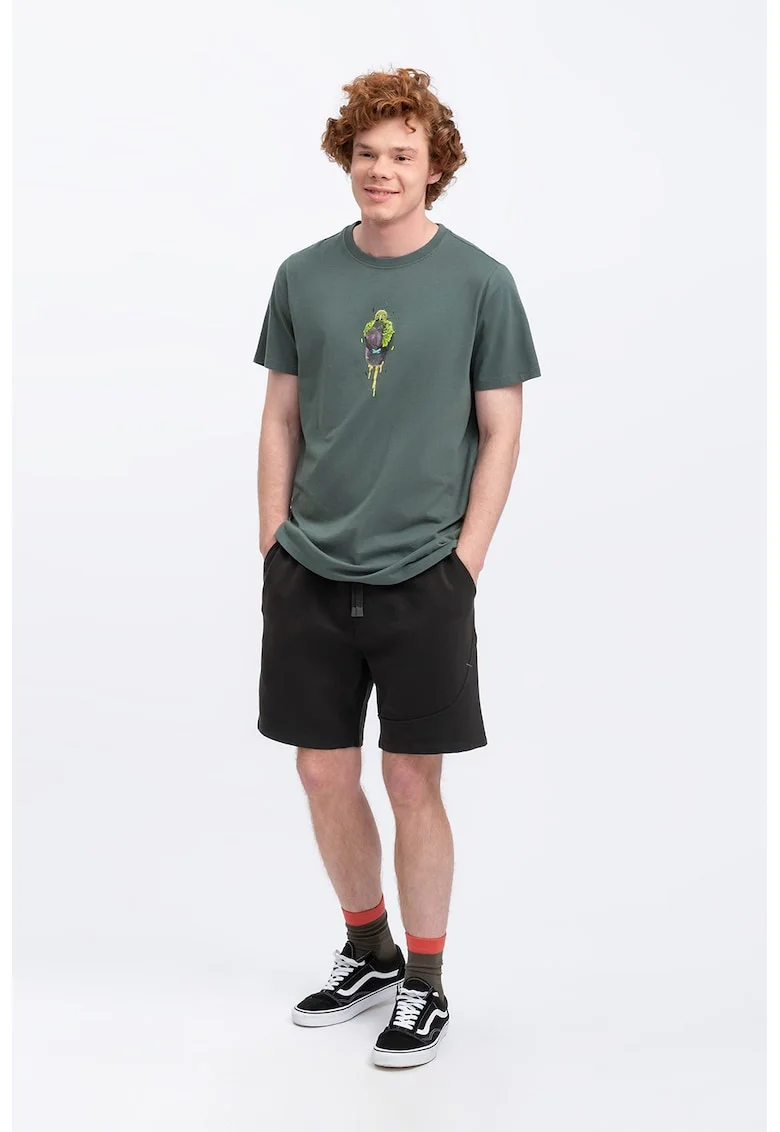 Tricou unisex cu decolteu la baza gatului si imprimeu discret Pomion, Gri carbune