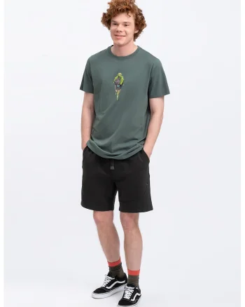 Tricou unisex cu decolteu la baza gatului si imprimeu discret Pomion, Gri carbune