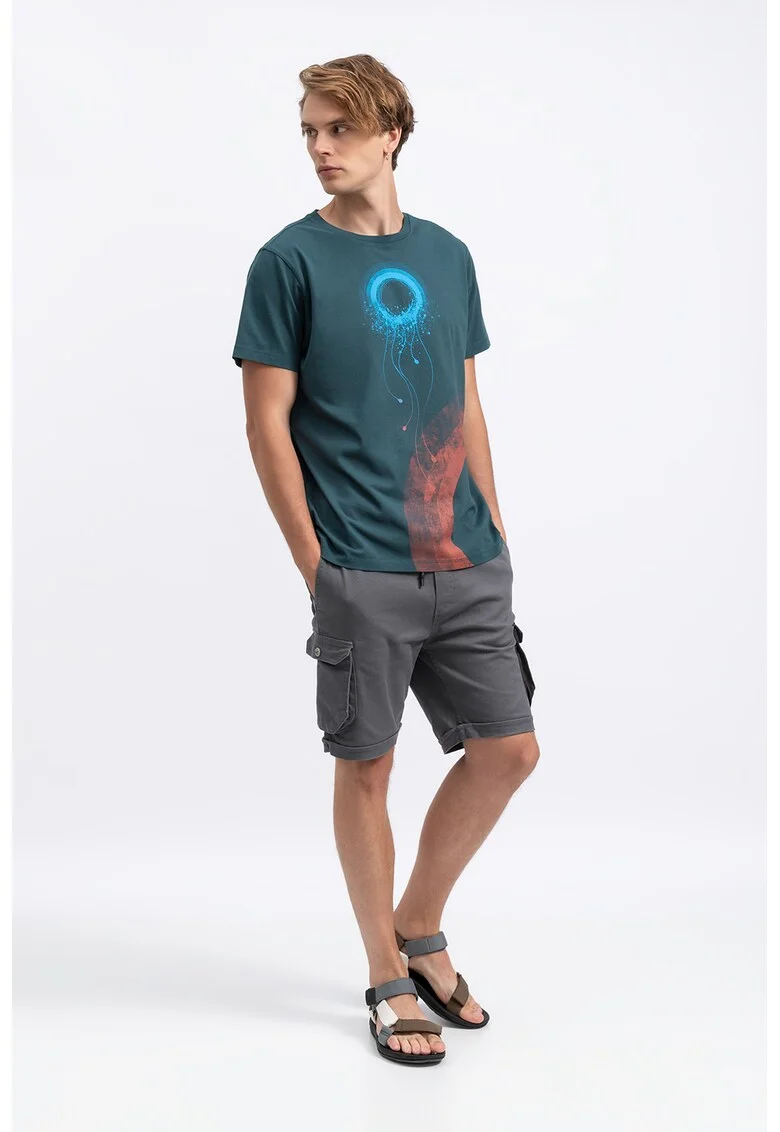 Tricou unisex cu imprimeu grafic, Caramiziu/Albastru petrol