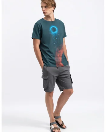 Tricou unisex cu imprimeu grafic, Caramiziu/Albastru petrol