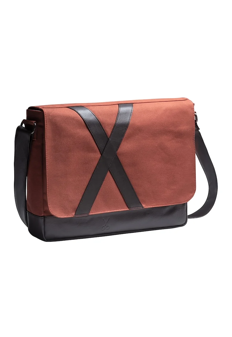 Geanta messenger unisex de panza cu garnituri de piele ecologica, Negru/Caramiziu