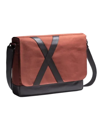 Geanta messenger unisex de panza cu garnituri de piele ecologica, Negru/Caramiziu