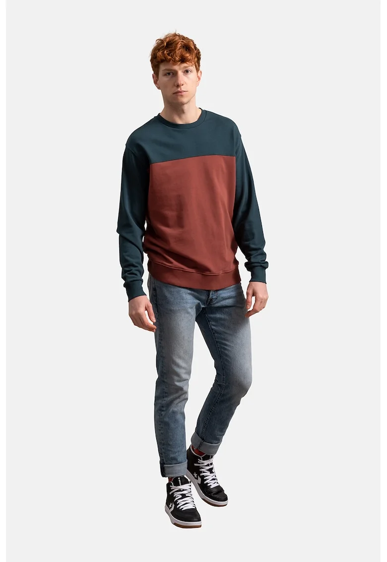 Bluza sport unisex cu model colorblock, Caramiziu/Albastru petrol
