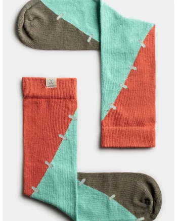 Sosete unisex din amestec de bumbac cu model colorblock, Albastru aquamarin/Caramiziu