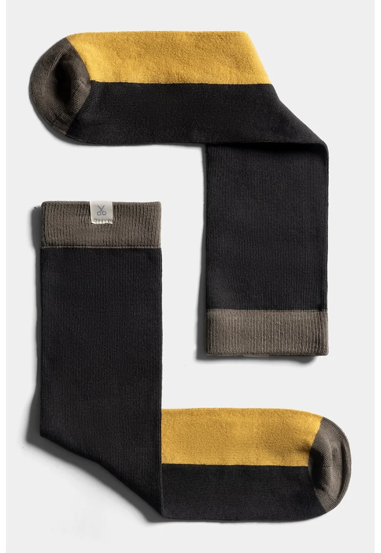 Sosete unisex lungi cu model colorblock, Negru/Galben/Grej