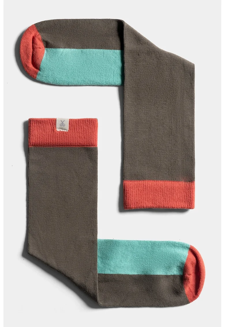 Sosete lungi unisex cu model colorblock, Albastru aquamarin/Coral/Kaki