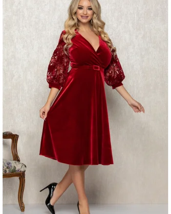 Rochie midi evazata cu o curea in talie, Rosu inchis