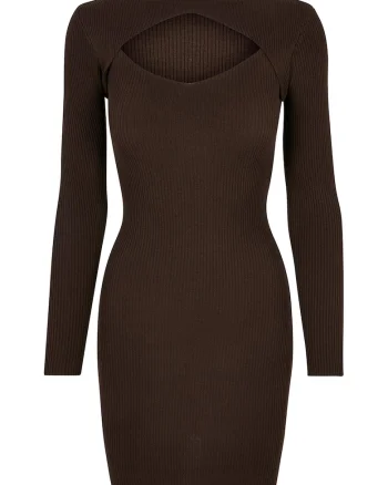 Rochie striata cu decupaj frontal, Maro inchis