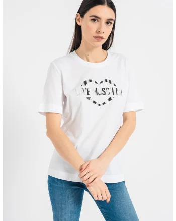 Tricou de bumbac cu decolteu la baza gatului si imprimeu logo, Alb