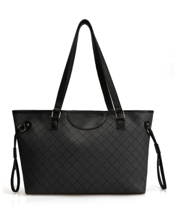 Geanta shopper de piele ecologica cu imprimeu logo, Negru