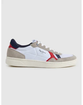 Pantofi sport cu insertii de piele intoarsa, Alb/Bej deschis