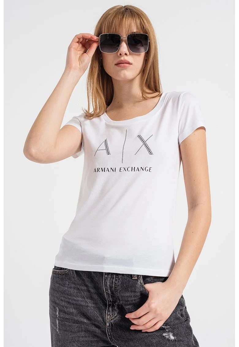 Tricou din bumbac cu aplicatii logo cu strasuri, Alb/Negru/Argintiu