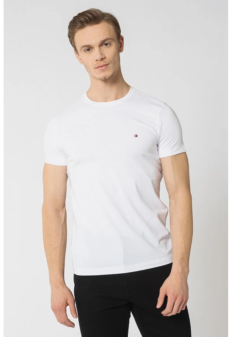 Tricou slim fit cu decolteu la baza gatului, Alb optic