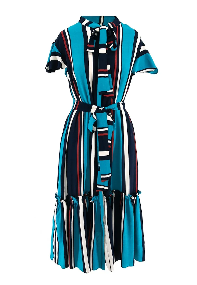 Rochie midi stratificata cu funda din panglici, Negru/Albastru/Bleumarin