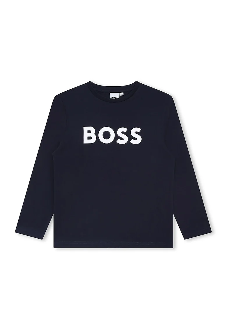 Bluza cu decolteu la baza gatului si imprimeu logo contrastant, Bleumarin