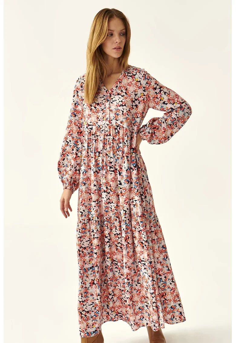 Rochie cu imprimeu floral si model stratificat Sforia, Portocaliu/Roz
