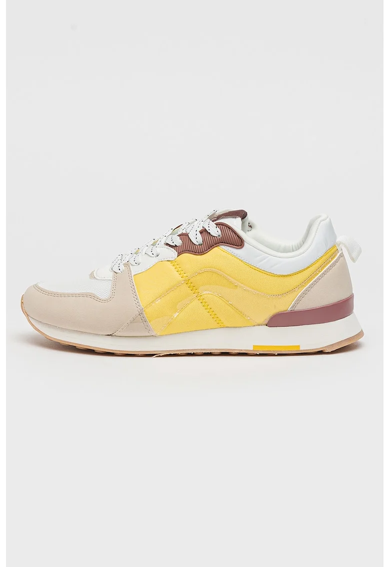 Pantofi sport cu model colorblock si insertii de piele ecologica, Alb/Galben/Bej