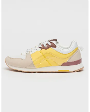 Pantofi sport cu model colorblock si insertii de piele ecologica, Alb/Galben/Bej